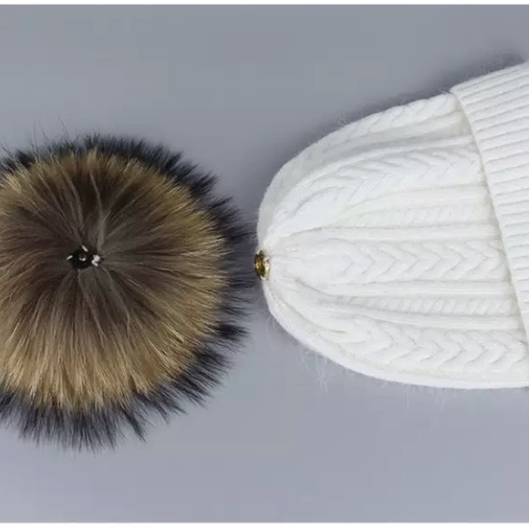 Ivory Angora Fur Pompom Cable Knit Beanie - Picture 3 of 5